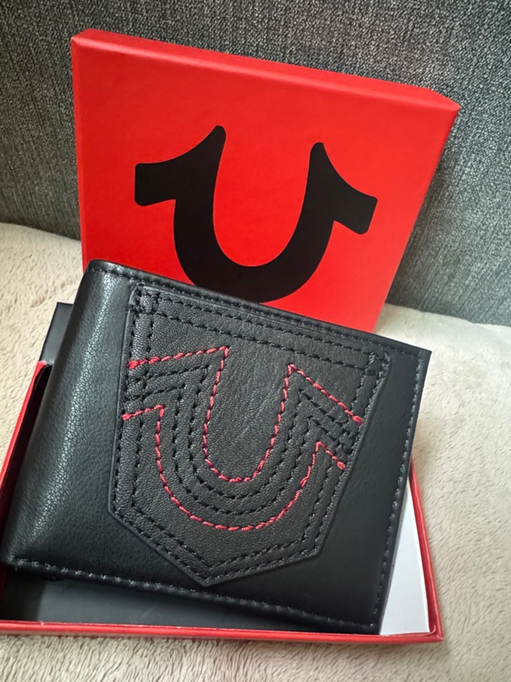 True Religion Black Leather Bi-Fold Wallet with Red Stitching